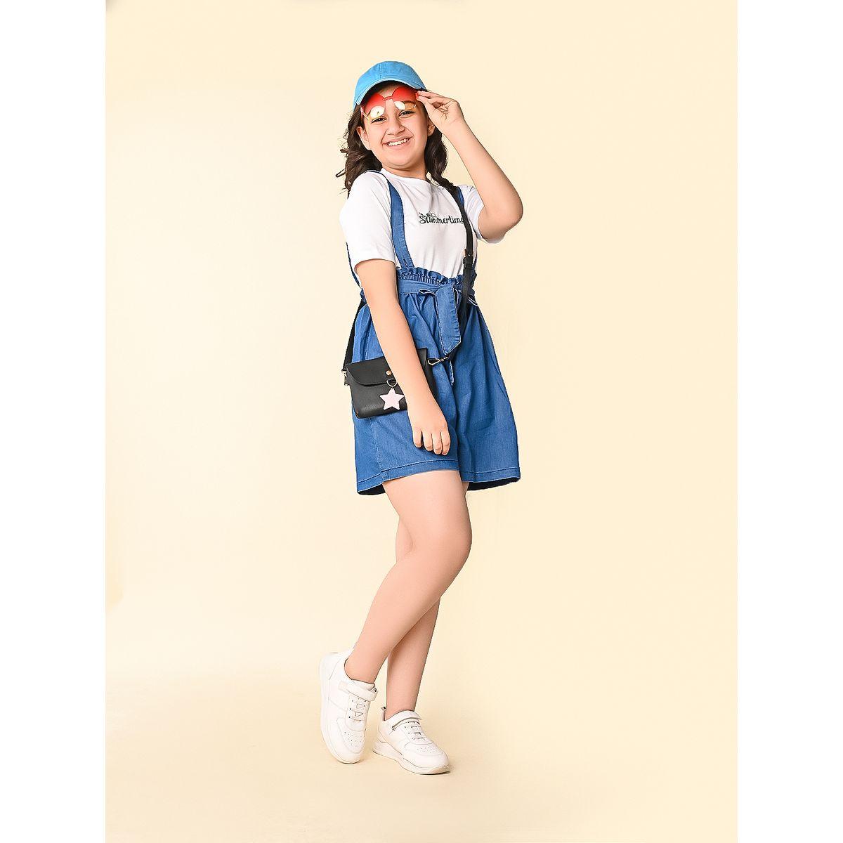 LilPicks X Styli  Text Print T-Shirt & Denim Dungaree Set-girls-clothing-setsandcoords-image-1