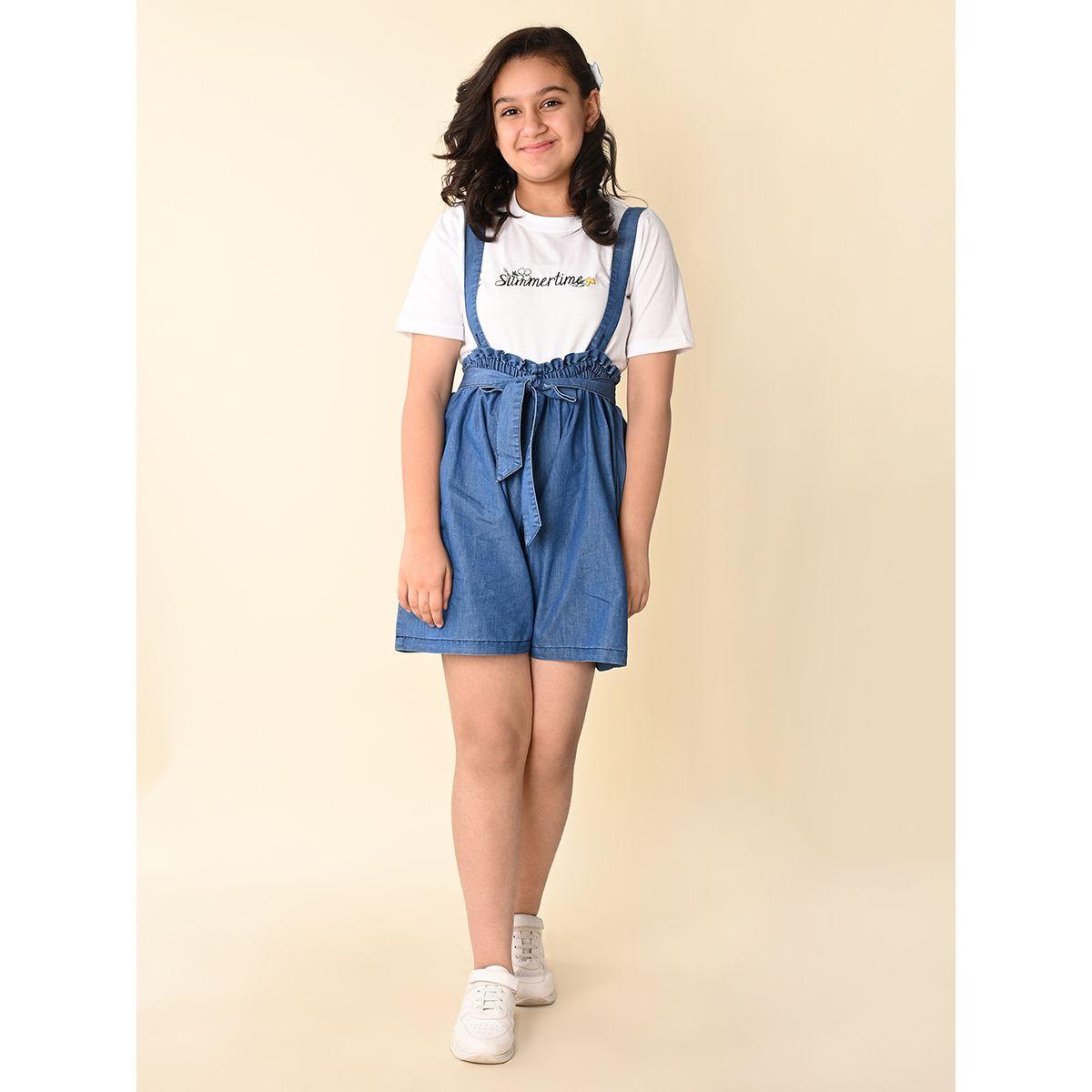 LilPicks X Styli  Text Print T-Shirt & Denim Dungaree Set-girls-clothing-setsandcoords-image-2