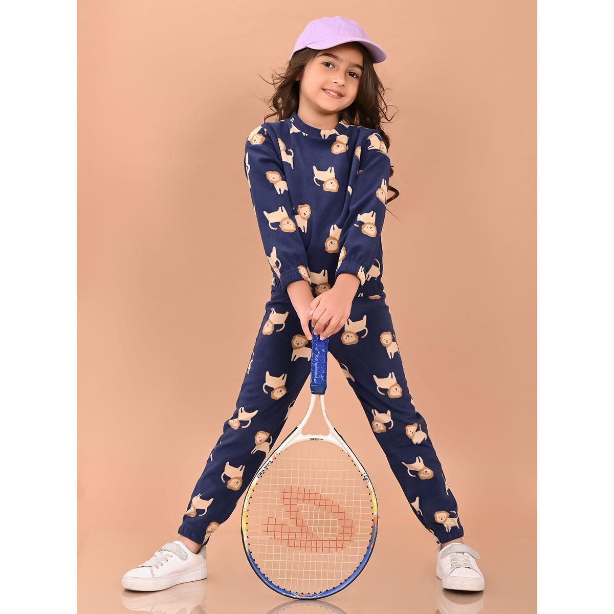 مجموعة من جوغر مع سويت شيرت فليس بطبعة اسد ليل بيكس × ستايلي-girls-clothing-setsandcoords-image-1