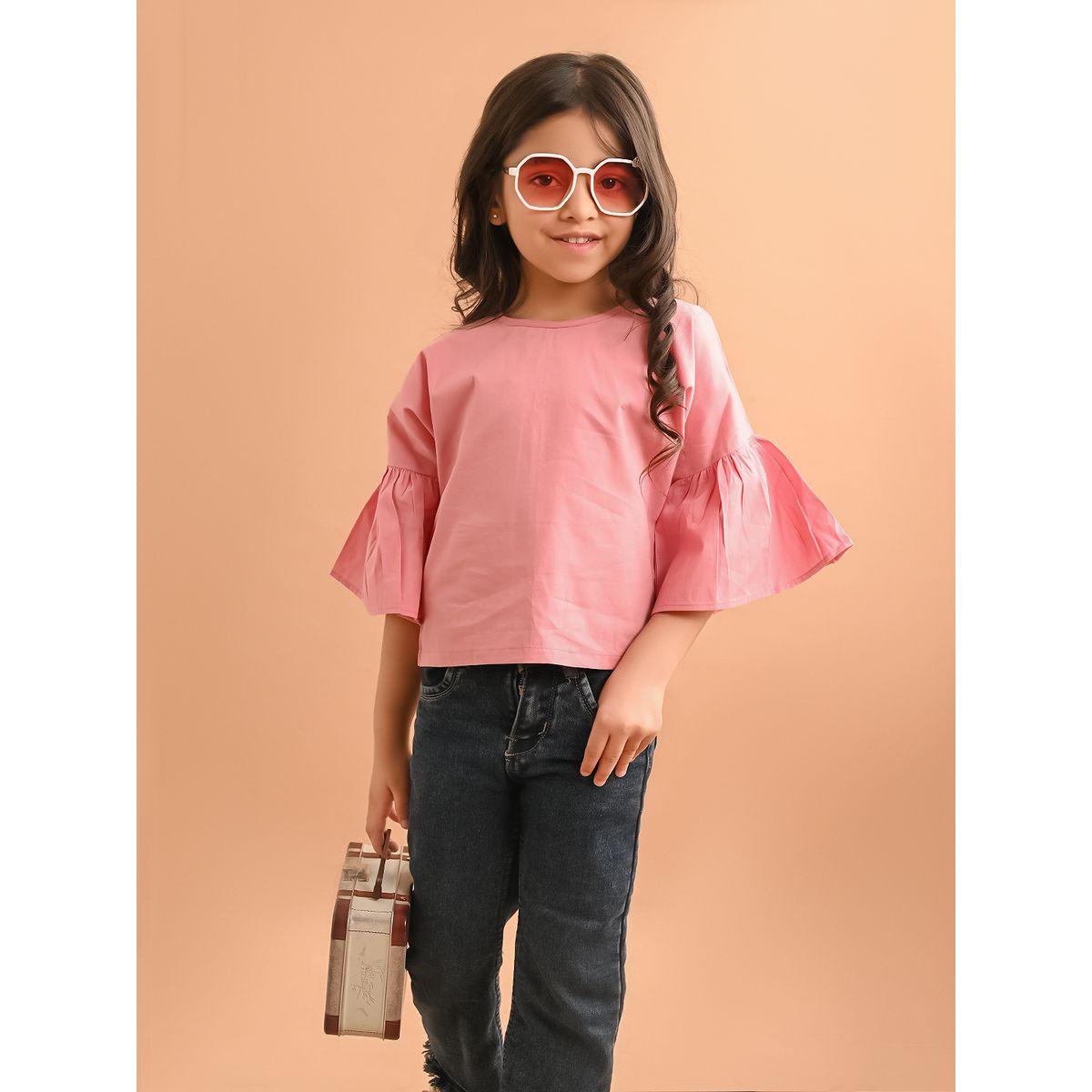 بلوزة سادة مع اكمام بنمط جرس ليل بيكس × ستايلي-girls-clothing-blousesandshirts-image-1