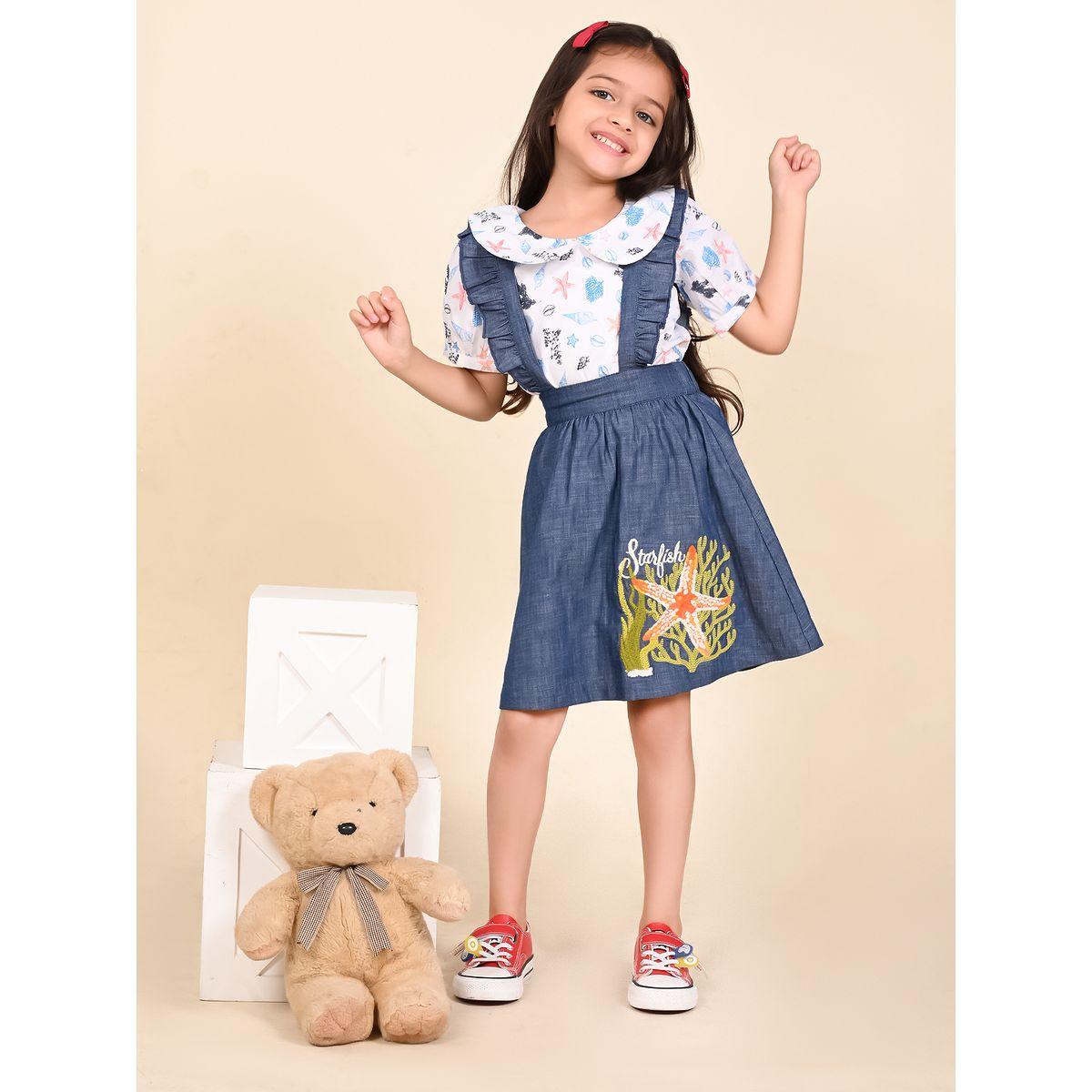 LilPicks X Styli  Aquatic Print Top & Denim Dungaree Set-girls-clothing-setsandcoords-image-1