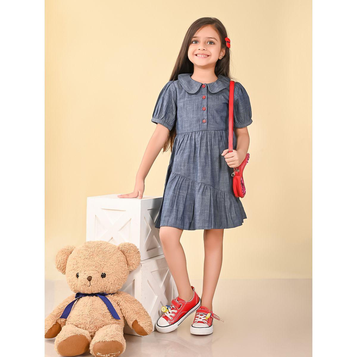 LilPicks X Styli  Solid Button Detail Tiered Denim Dress-girls-clothing-dressesandjumpsuits-image-1