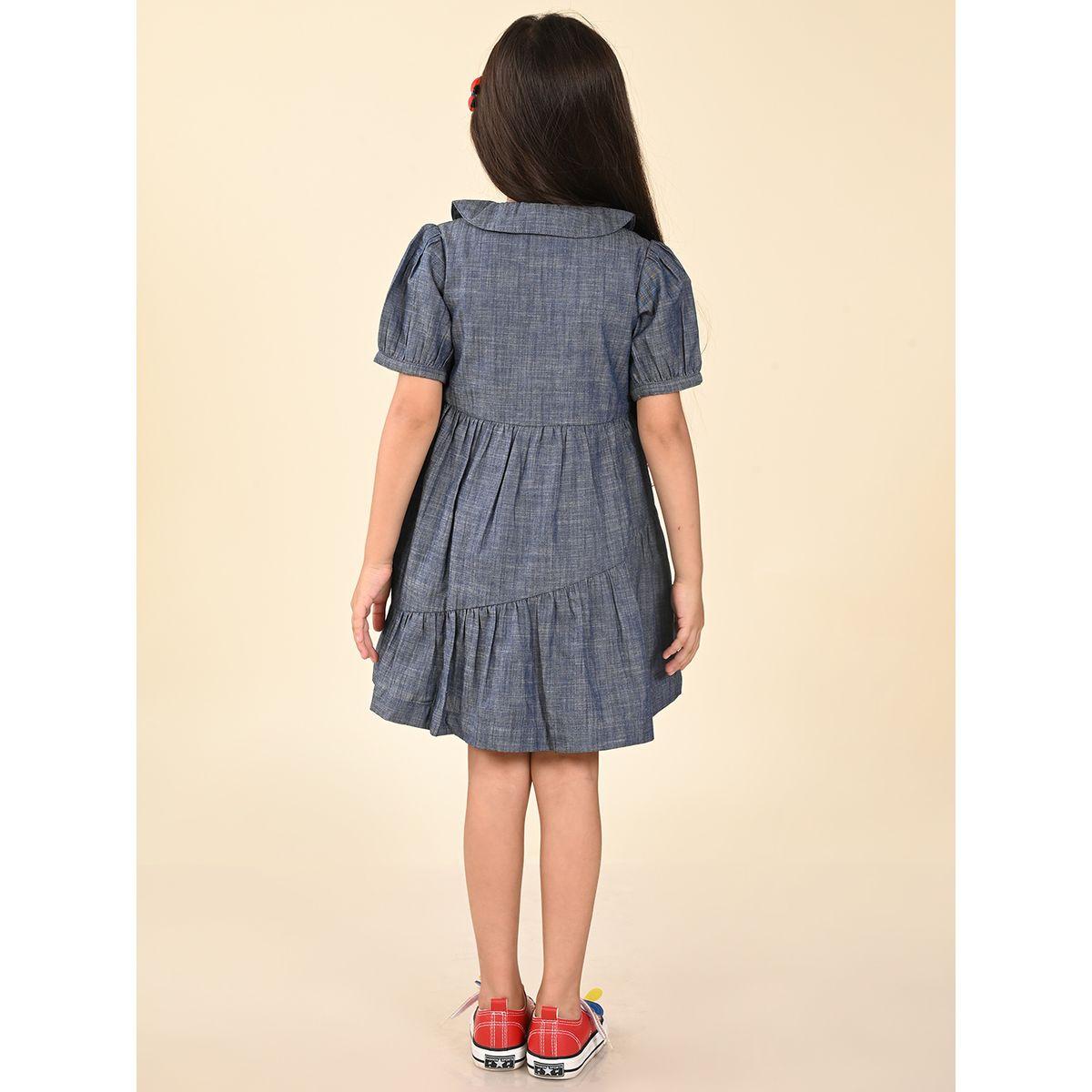 LilPicks X Styli  Solid Button Detail Tiered Denim Dress-girls-clothing-dressesandjumpsuits-image-2