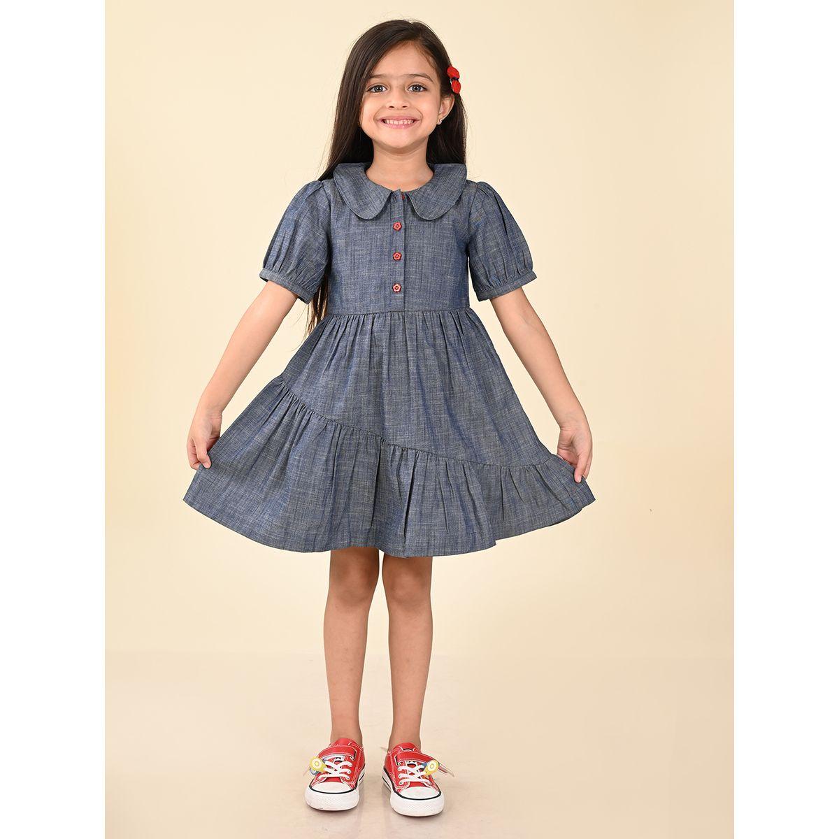 فستان دنيم سادة بكسرات مع ازرار ليل بيكس × ستايلي-girls-clothing-dressesandjumpsuits-image-3