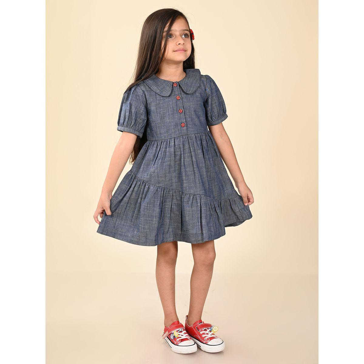 فستان دنيم سادة بكسرات مع ازرار ليل بيكس × ستايلي-girls-clothing-dressesandjumpsuits-image-4