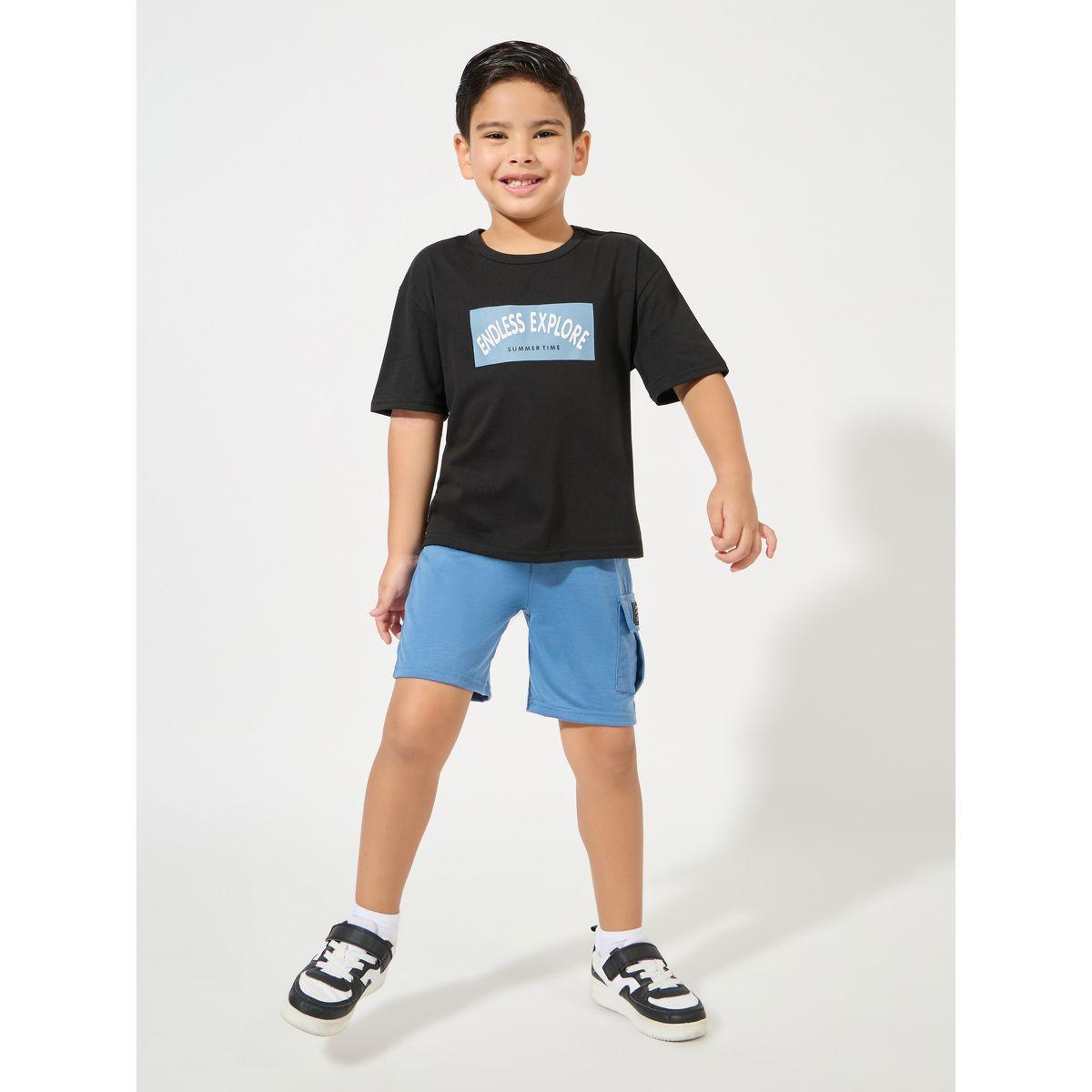 Styli Slogan Print T-Shirt & Cargo Shorts Set-boys-clothing-setsandcoords-image-1
