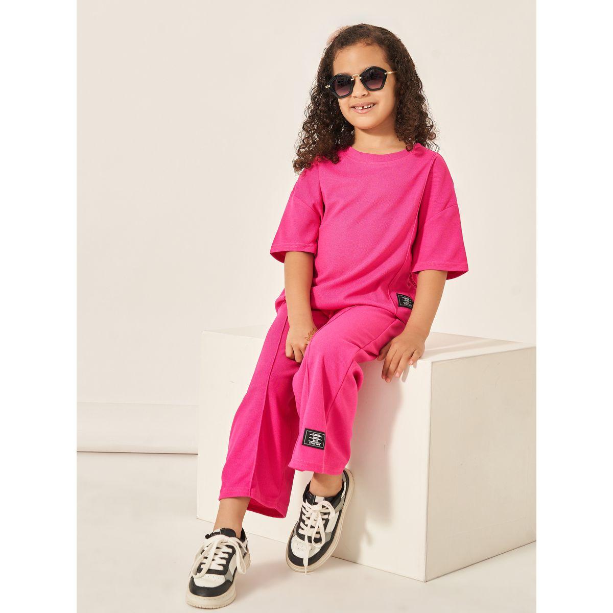 بنطال بأرجل واسعة مع تيشيرت فضفاض بنمط وافل-girls-clothing-setsandcoords-image-1