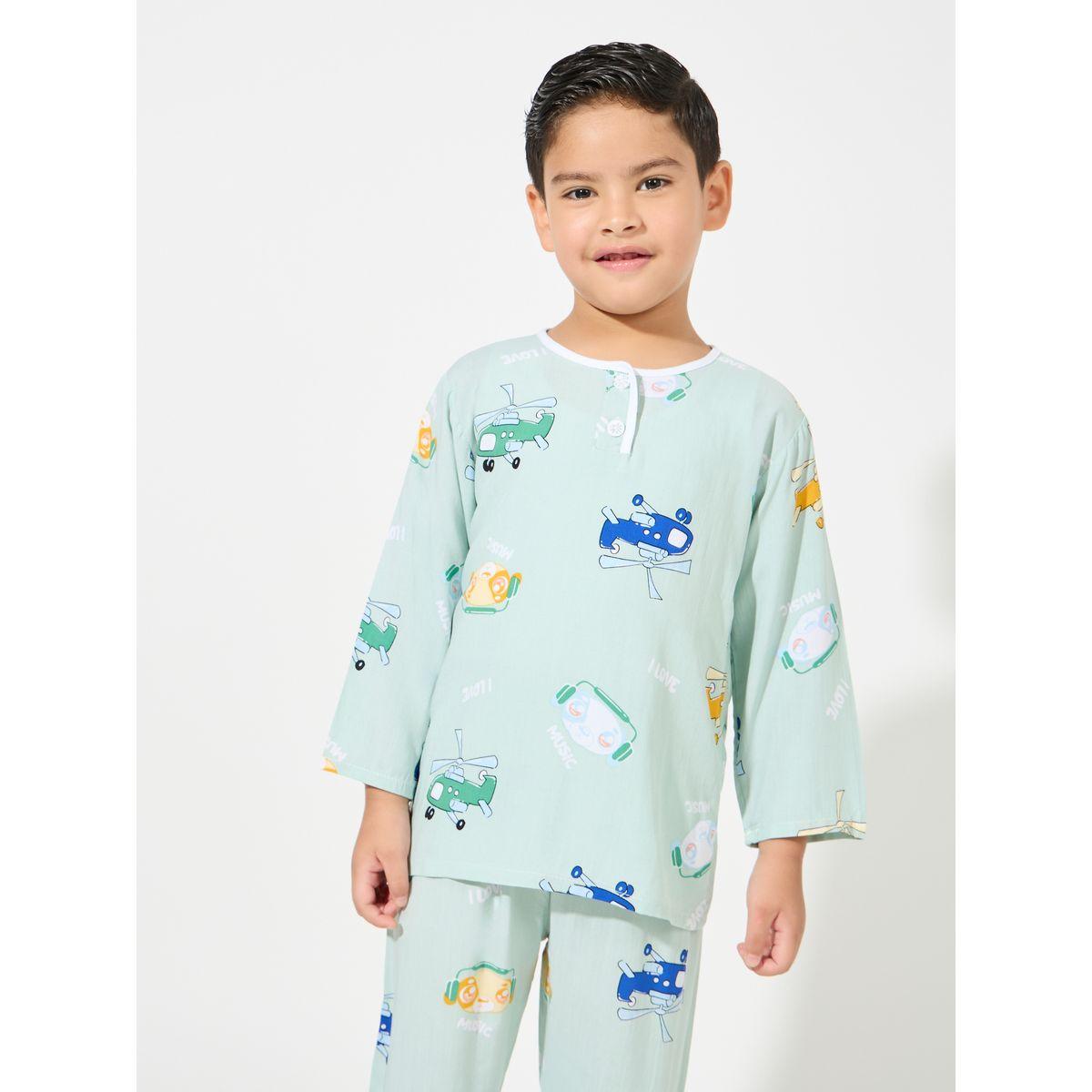Styli Helicopter Print Long Sleeves T-Shirt & Pyjama Set-boys-clothing-nightwear-image-2