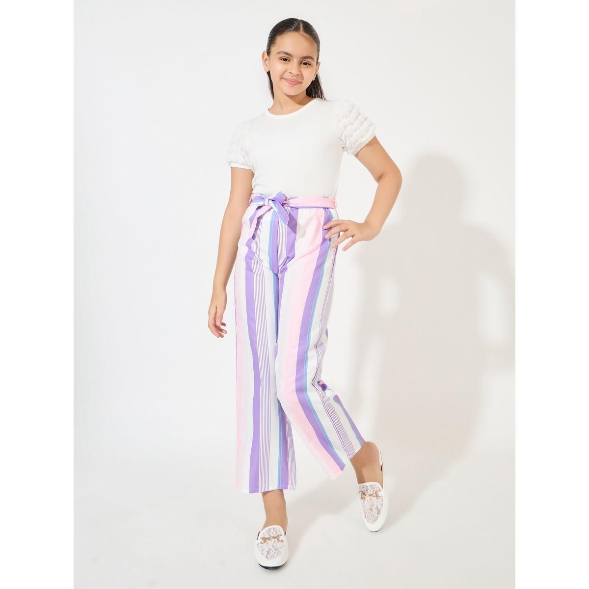 مجموعة من بنطال مع بلوزة مضلعة باكمام منفوخة-girls-clothing-setsandcoords-image-1