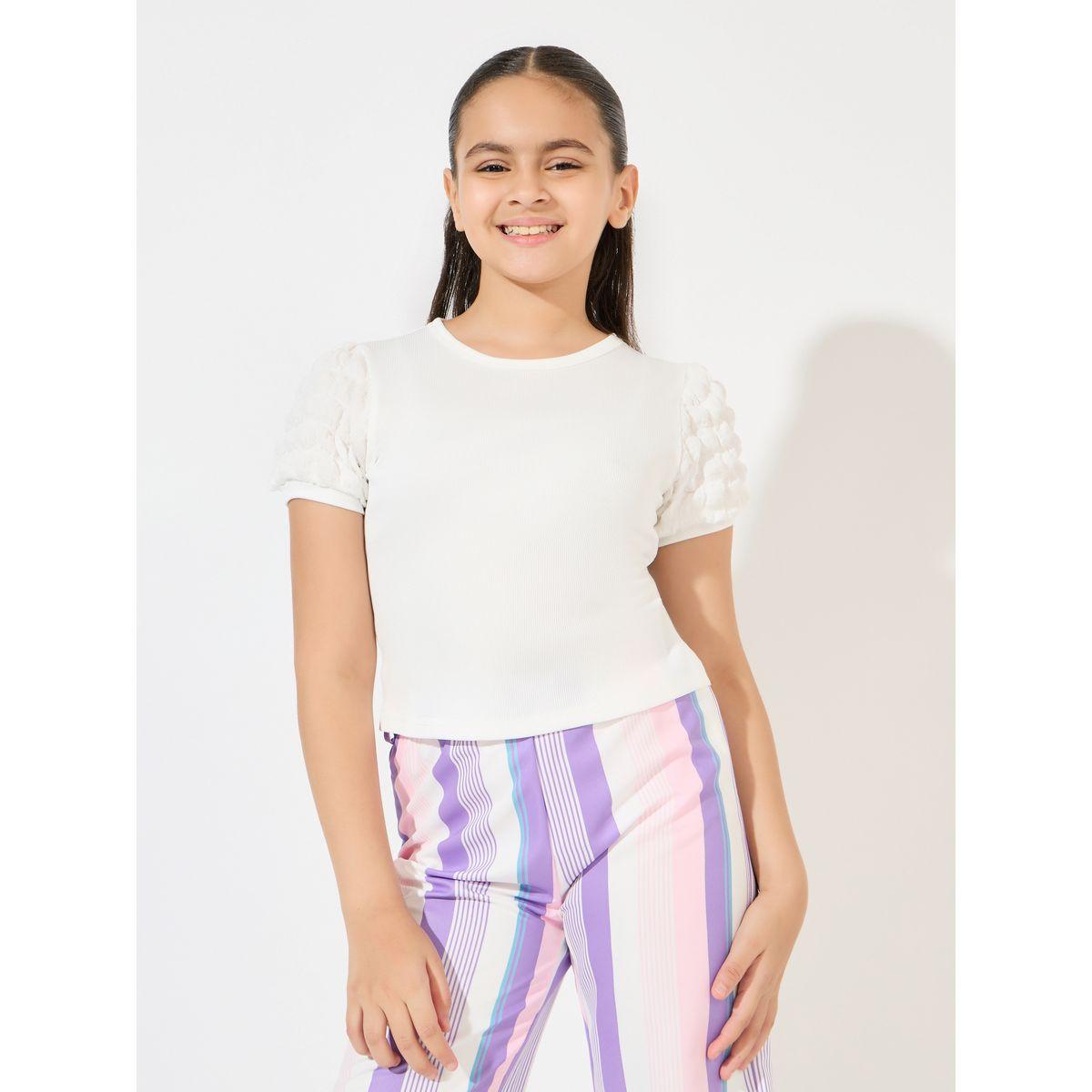 Styli Rib Puff Sleeve Top & Striped Pants Set-girls-clothing-setsandcoords-image-2