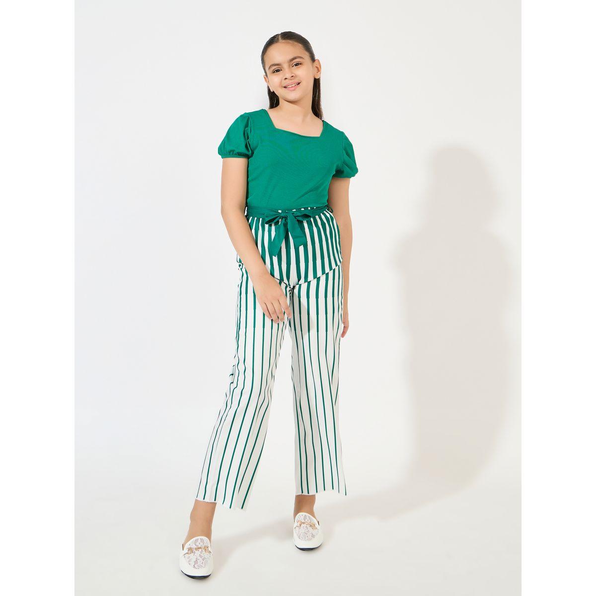 Styli Rib Knit Square Neck Top & Striped Pants Set-girls-clothing-setsandcoords-image-1