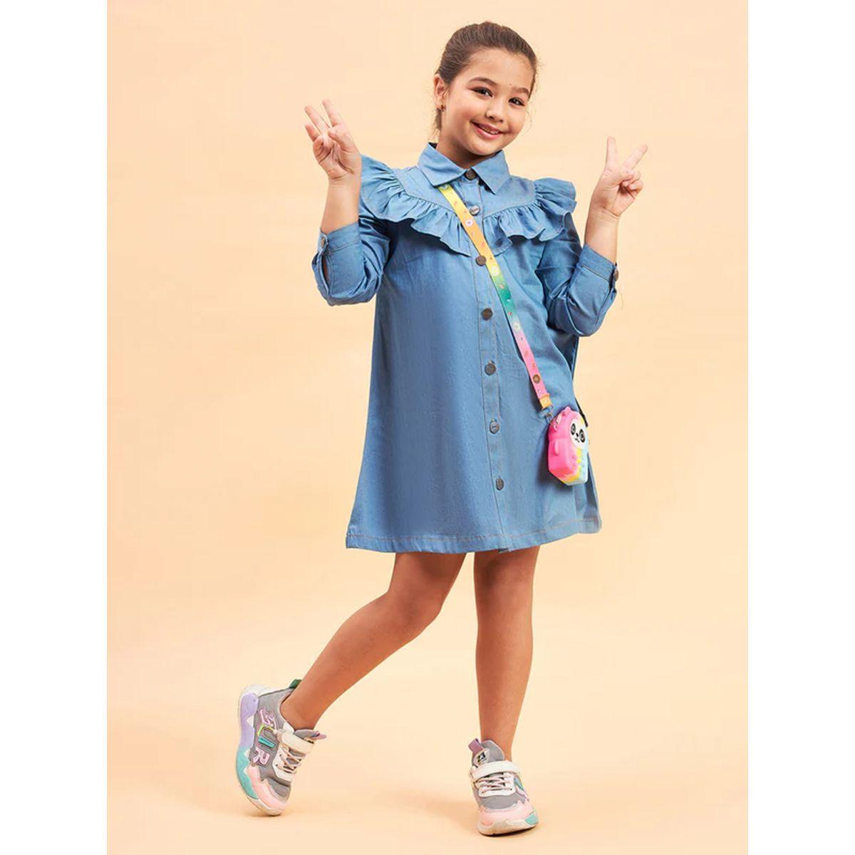 Stylo Bug X Styli Solid Collared Shirt Dress with Ruffled Detailing-girls-clothing-dressesandjumpsuits-image-1