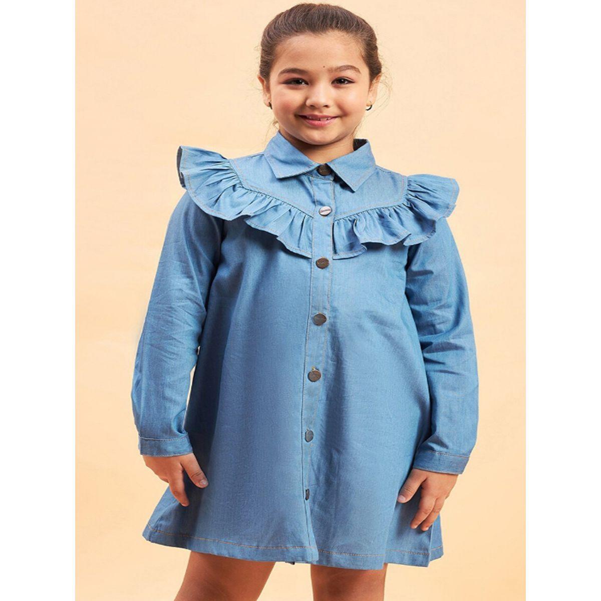 Stylo Bug X Styli Solid Collared Shirt Dress with Ruffled Detailing-girls-clothing-dressesandjumpsuits-image-2