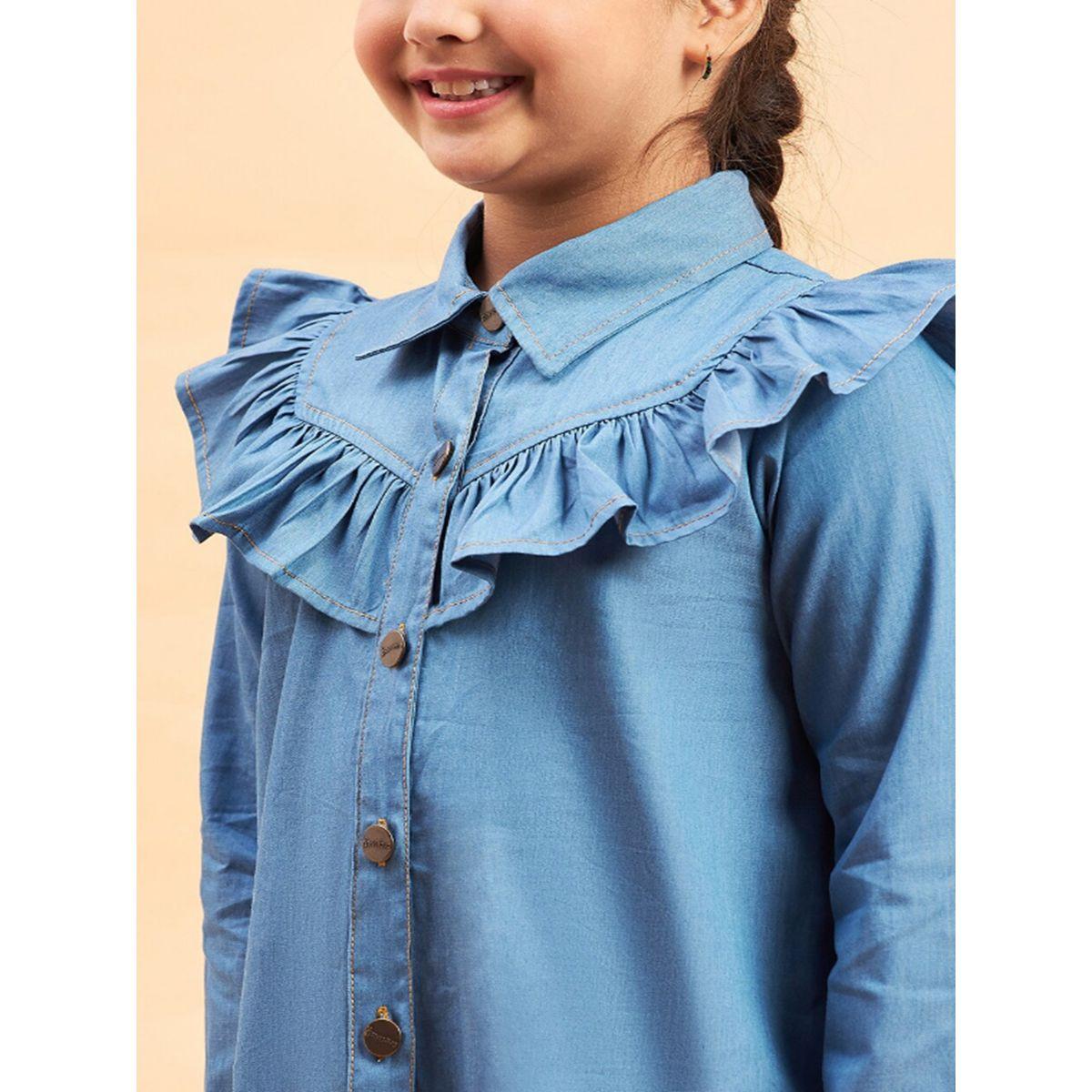 Stylo Bug X Styli Solid Collared Shirt Dress with Ruffled Detailing-girls-clothing-dressesandjumpsuits-image-3