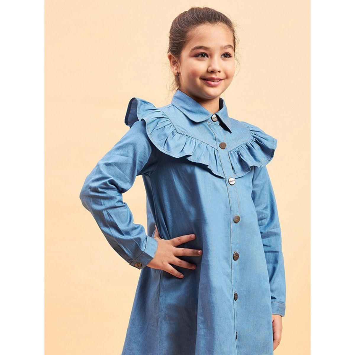Stylo Bug X Styli Solid Collared Shirt Dress with Ruffled Detailing-girls-clothing-dressesandjumpsuits-image-5