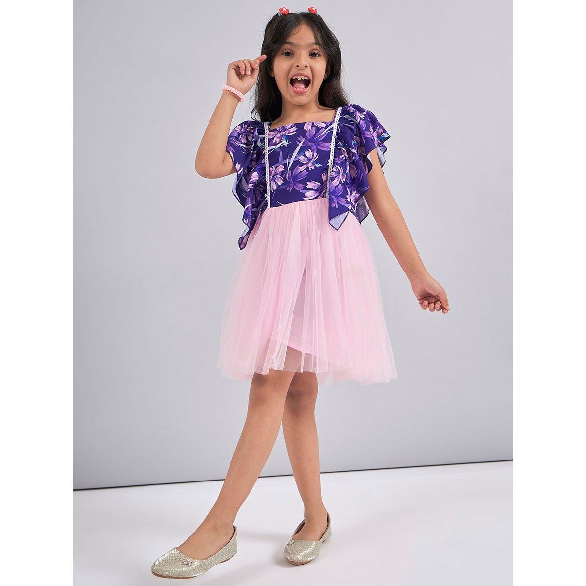 Stylo Bug X Styli Floral Print Mesh Insert Dress with Ruffled Sleeves-girls-clothing-dressesandjumpsuits-image-1