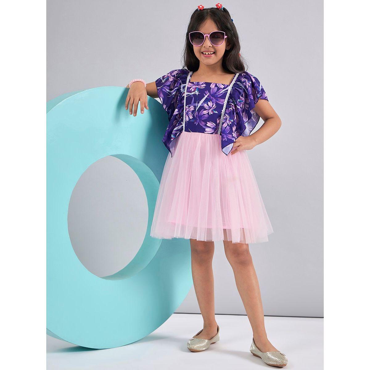 Stylo Bug X Styli Floral Print Mesh Insert Dress with Ruffled Sleeves-girls-clothing-dressesandjumpsuits-image-2