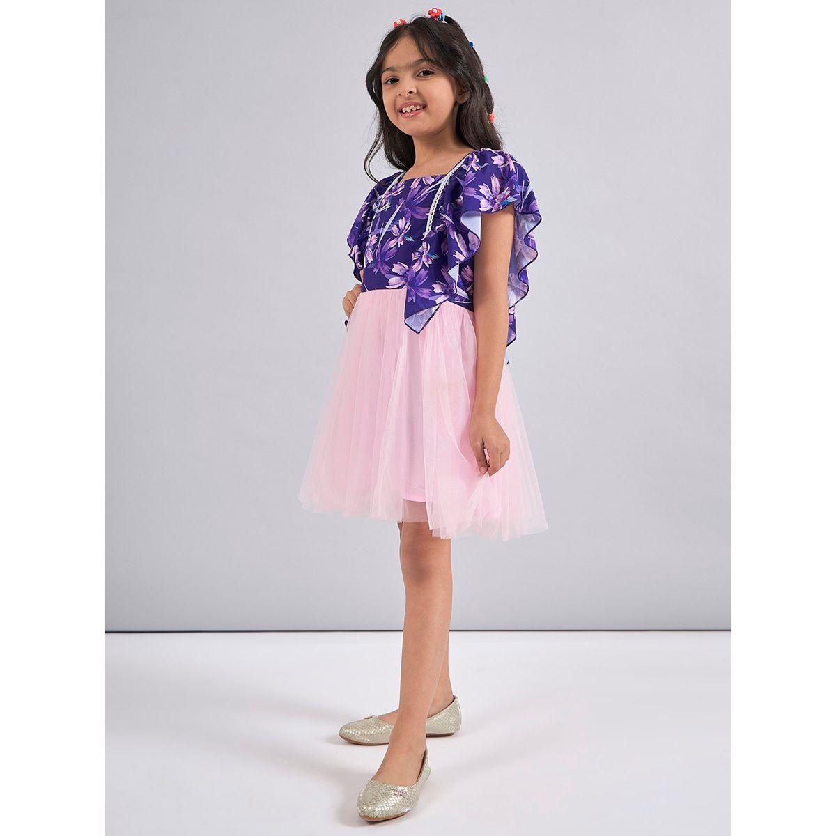 Stylo Bug X Styli Floral Print Mesh Insert Dress with Ruffled Sleeves-girls-clothing-dressesandjumpsuits-image-3