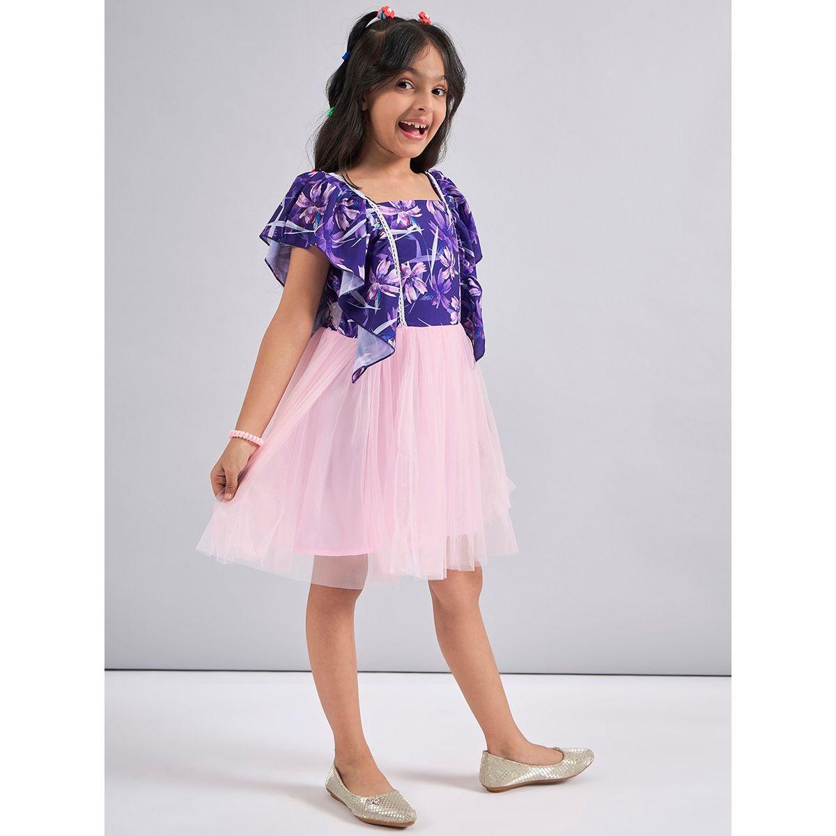 فستان قصير مطبع بزهور مع اكمام كشكش ستايلو بَج × ستايلي-girls-clothing-dressesandjumpsuits-image-4