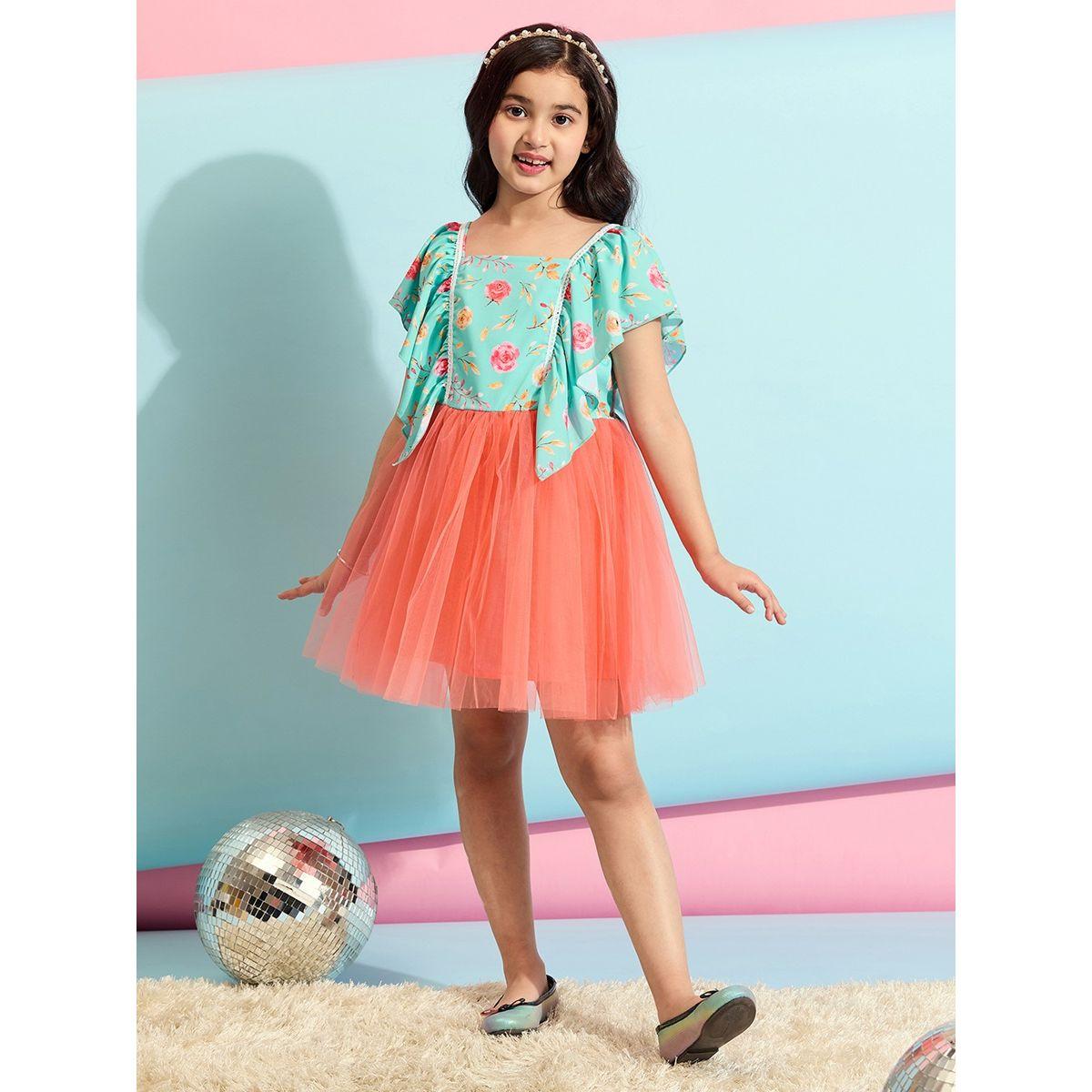 فستان قصير مطبع بزهور مع اكمام كشكش ستايلو بَج × ستايلي-girls-clothing-dressesandjumpsuits-image-1