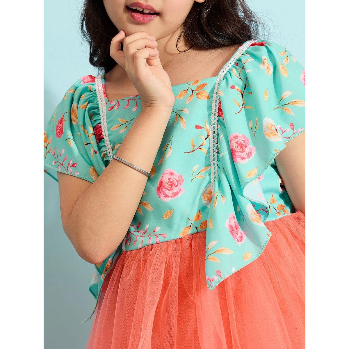 Stylo Bug X Styli Floral Print Mesh Insert Dress with Ruffled Sleeves-girls-clothing-dressesandjumpsuits-image-4