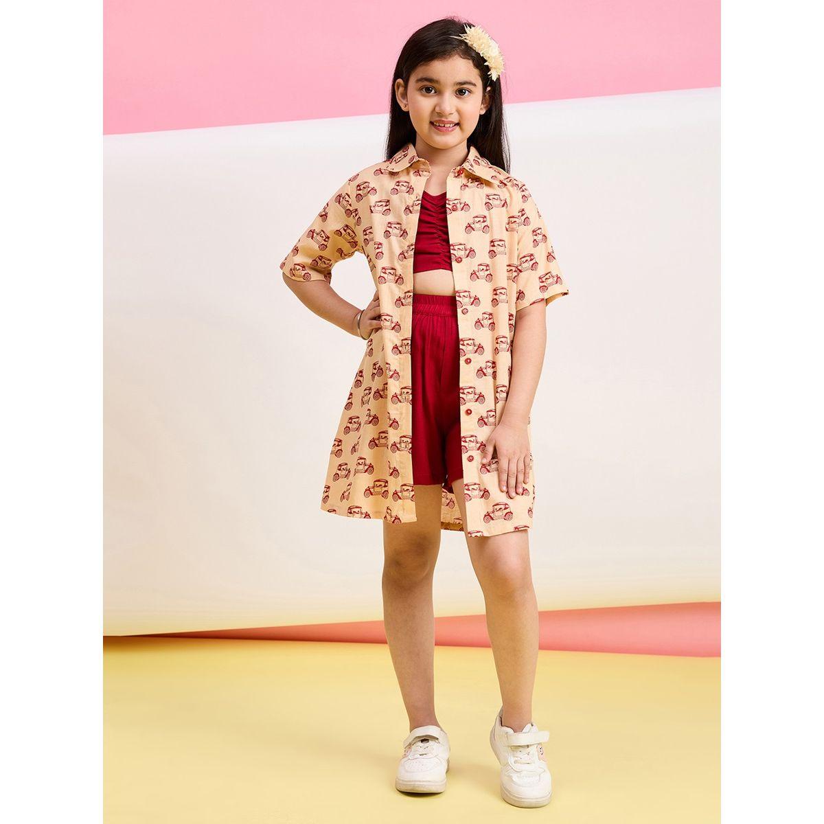 Stylo Bug X Styli Pack of 3- Car Graphic Print Shirt, Crop Top & Plain Short-girls-clothing-setsandcoords-image-1