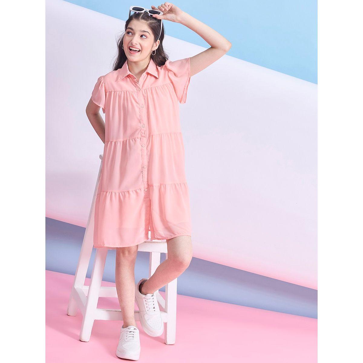Stylo Bug X Styli Solid Tiered Mini Dress with Short Sleeves-girls-clothing-dressesandjumpsuits-image-1