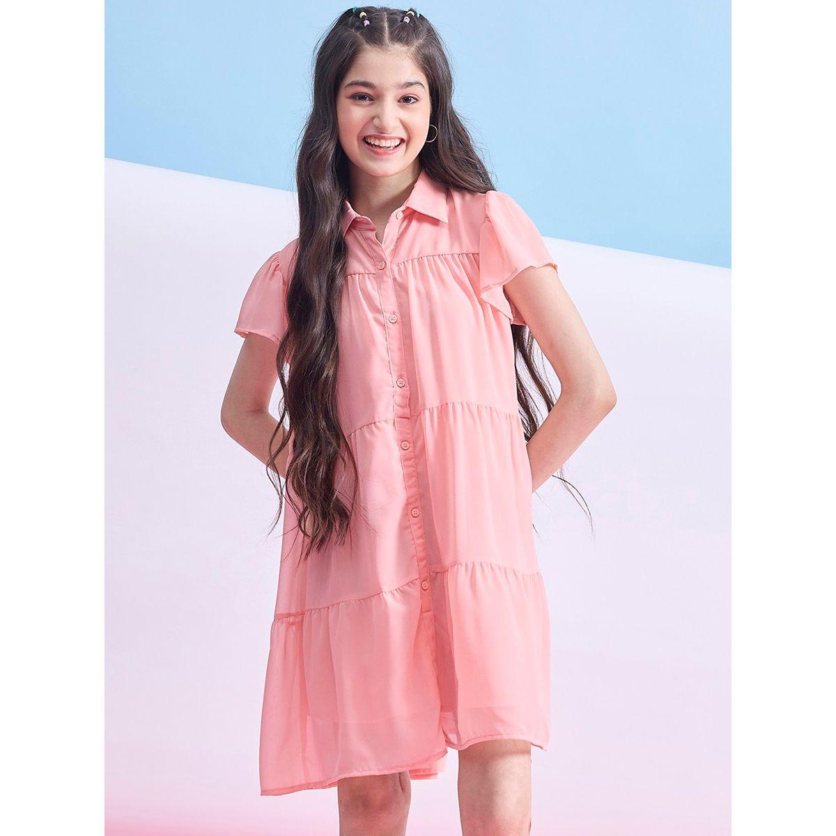 Stylo Bug X Styli Solid Tiered Mini Dress with Short Sleeves-girls-clothing-dressesandjumpsuits-image-2