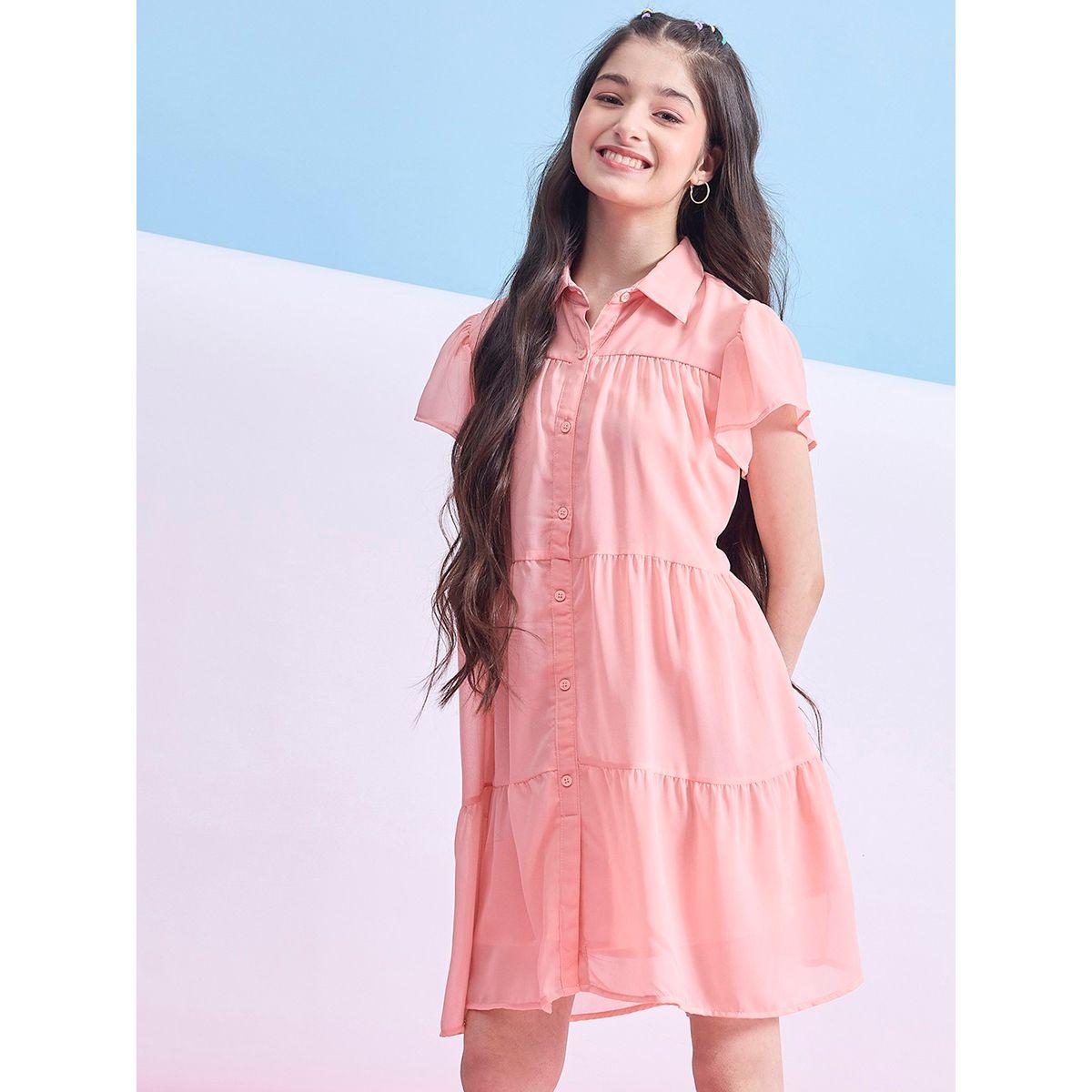 Stylo Bug X Styli Solid Tiered Mini Dress with Short Sleeves-girls-clothing-dressesandjumpsuits-image-3