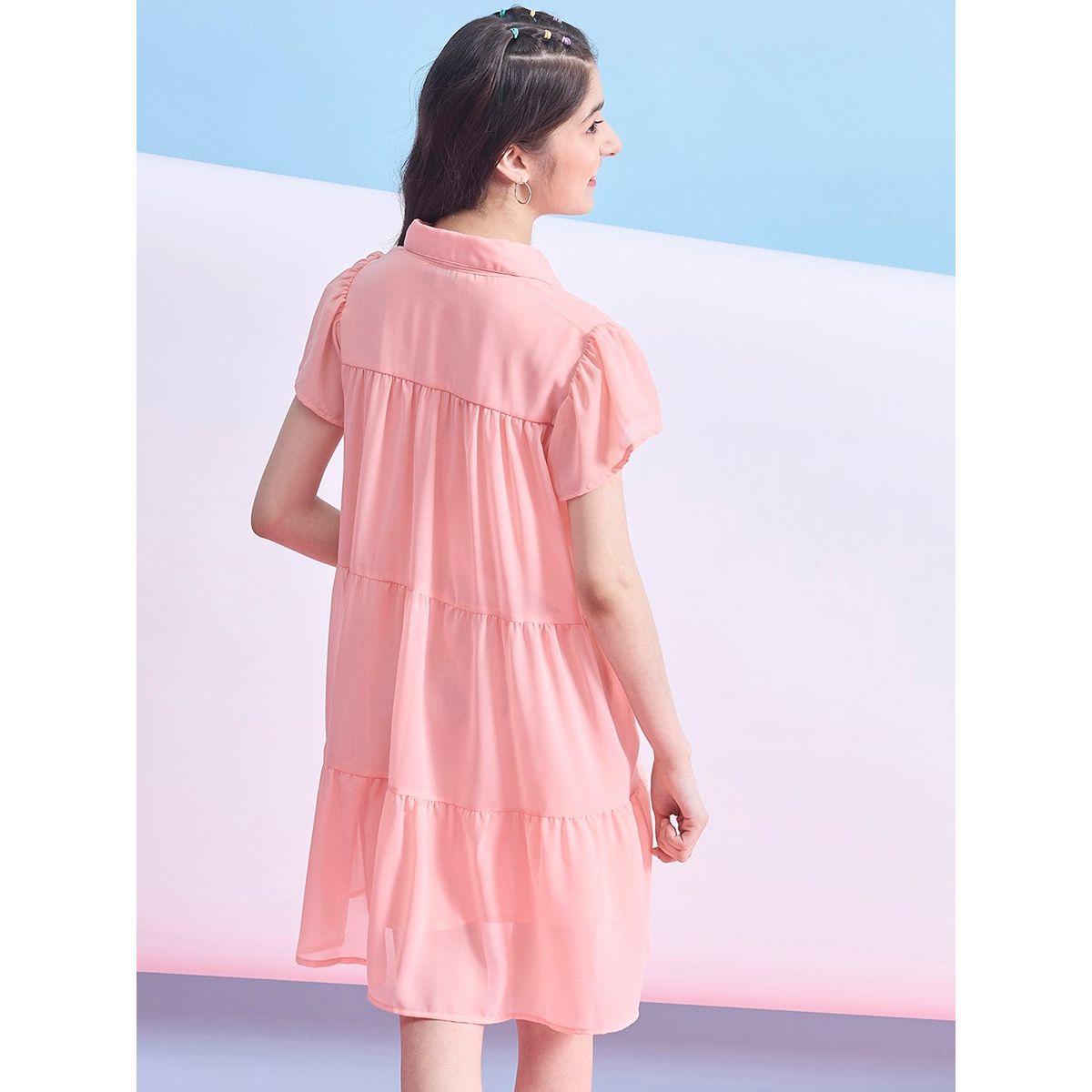 Stylo Bug X Styli Solid Tiered Mini Dress with Short Sleeves-girls-clothing-dressesandjumpsuits-image-4