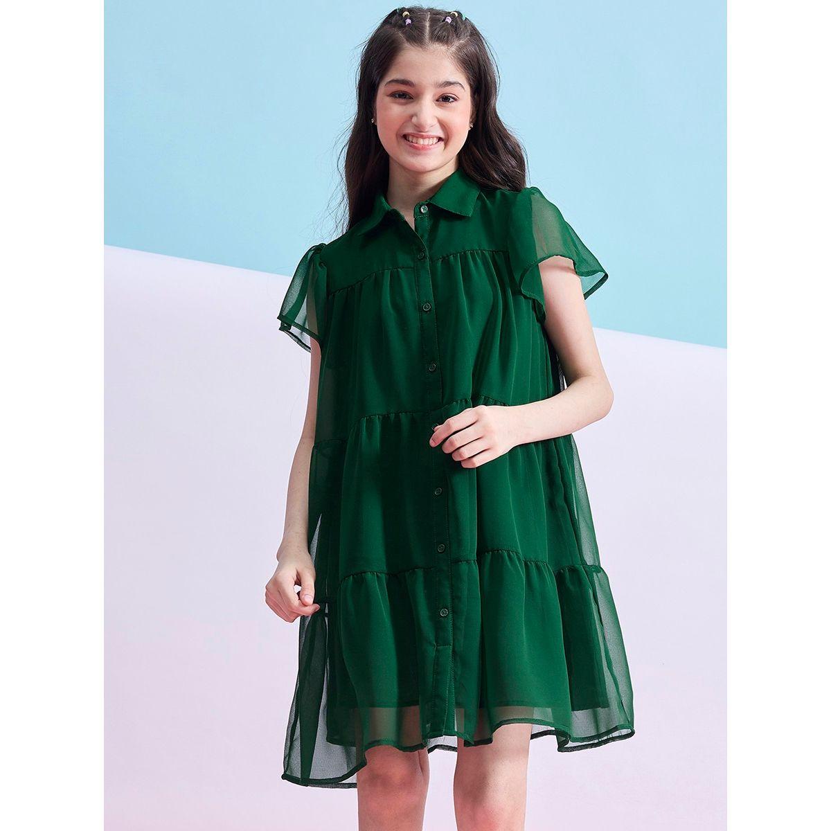 فستان قصير سادة بكسرات واكمام قصيرة ستايلو بَج × ستايلي-girls-clothing-dressesandjumpsuits-image-1
