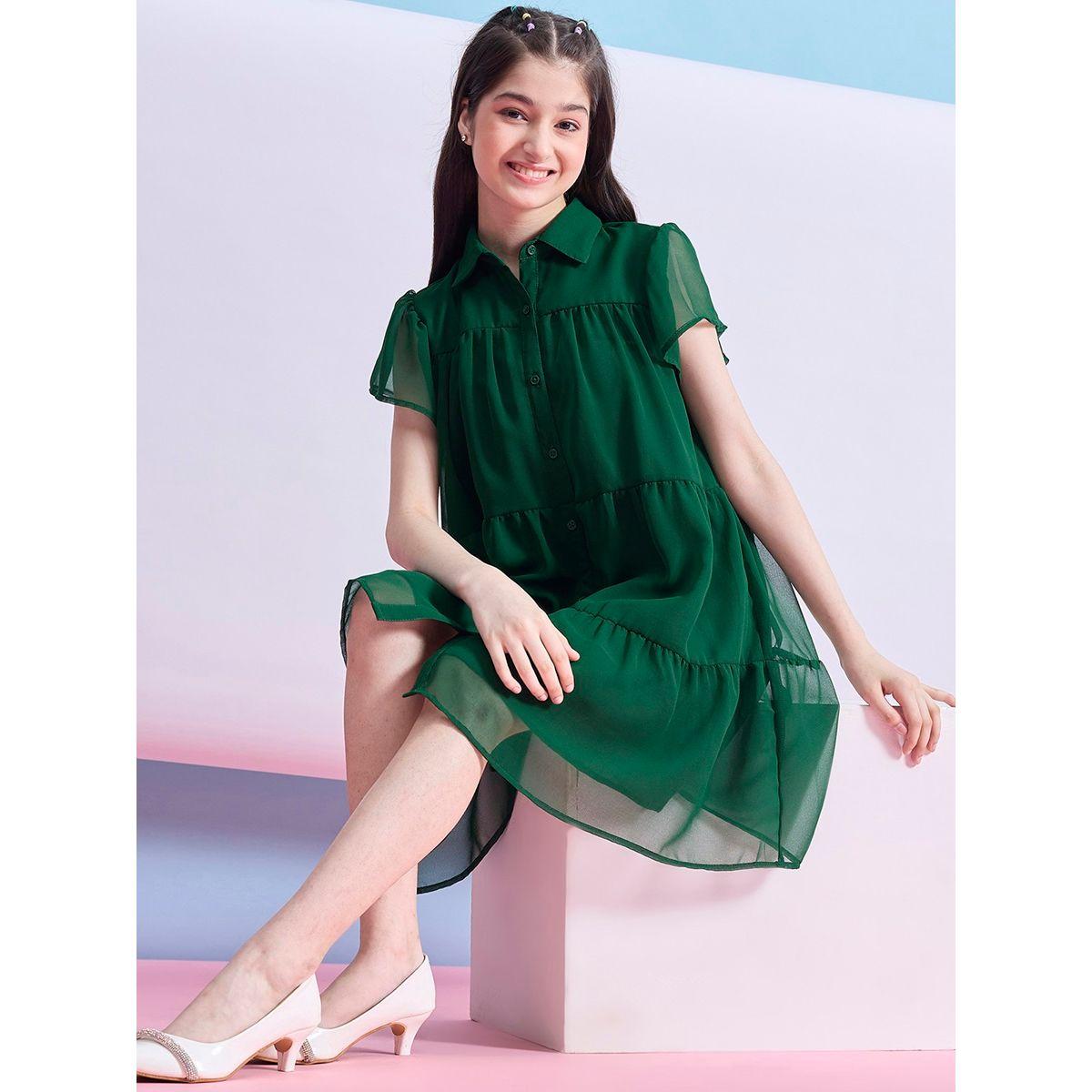 Stylo Bug X Styli Solid Tiered Mini Dress with Short Sleeves-girls-clothing-dressesandjumpsuits-image-2