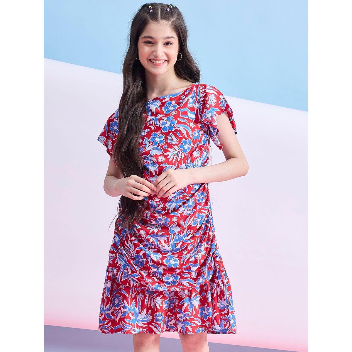فستان بطول الركبة مطبع بزهور مع ياقة بنمط قارب ستايلو بَج × ستايلي-girls-clothing-dressesandjumpsuits-image-1