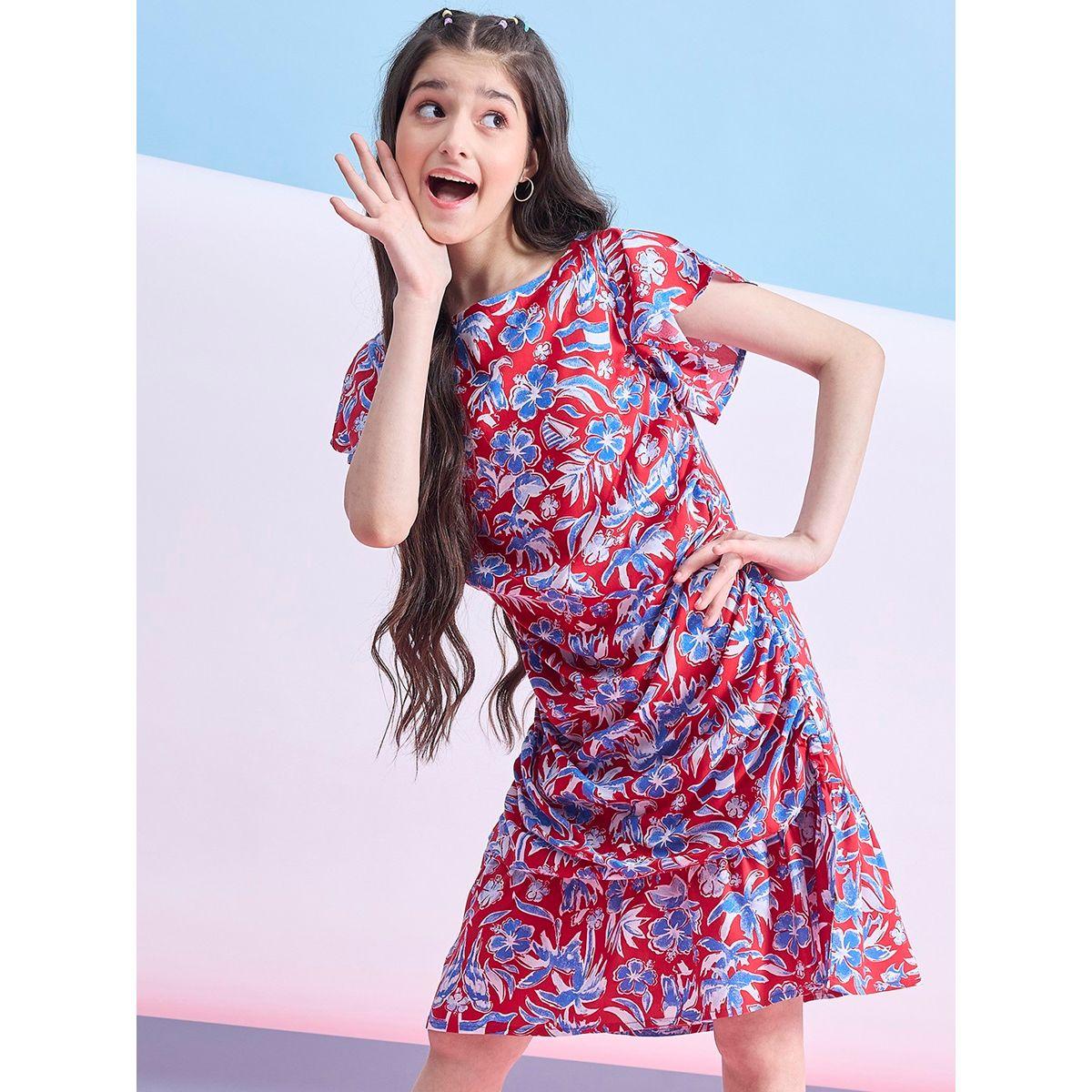 فستان بطول الركبة مطبع بزهور مع ياقة بنمط قارب ستايلو بَج × ستايلي-girls-clothing-dressesandjumpsuits-image-3