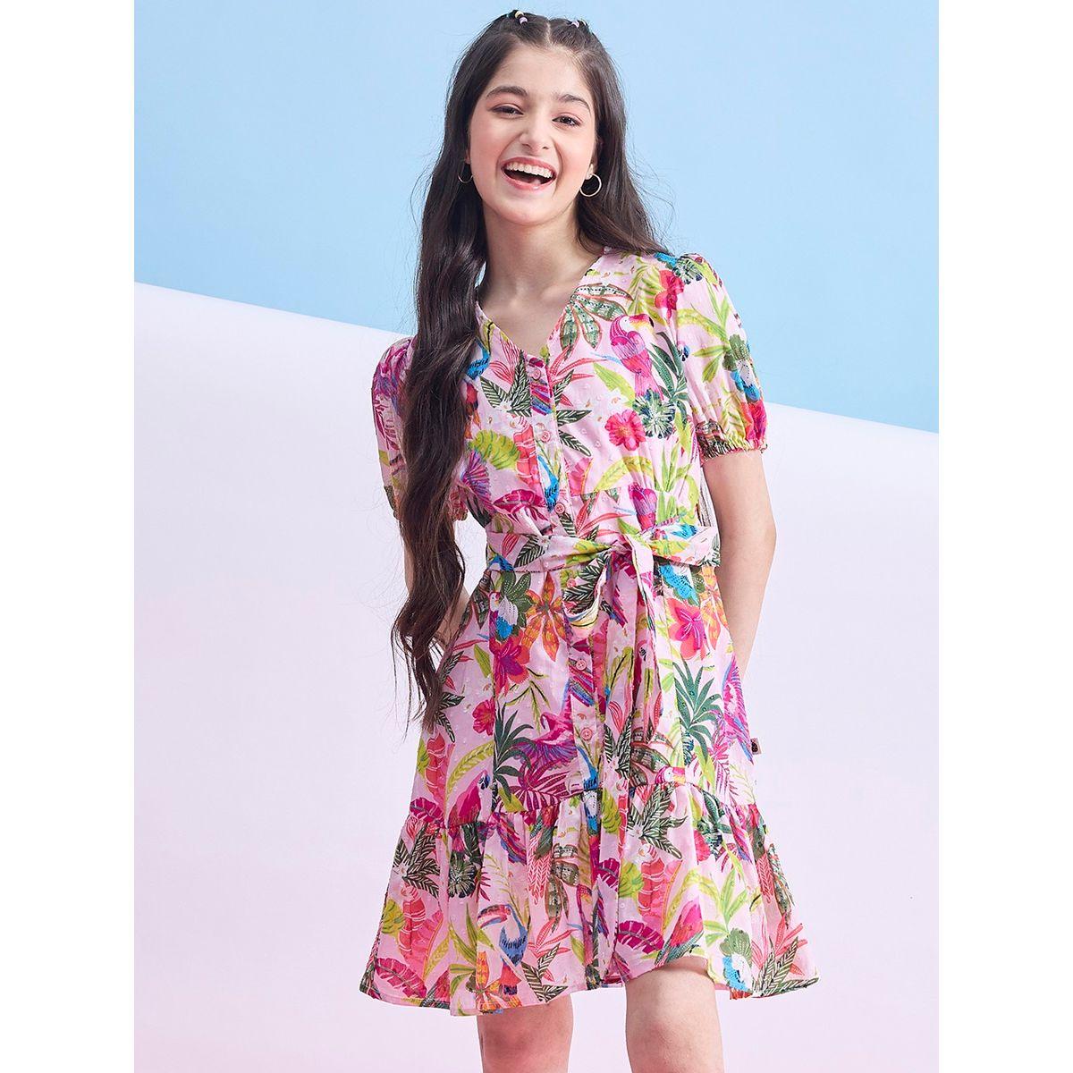 Stylo Bug X Styli Floral Print Dobby Dress with Tie Belt-girls-clothing-dressesandjumpsuits-image-1