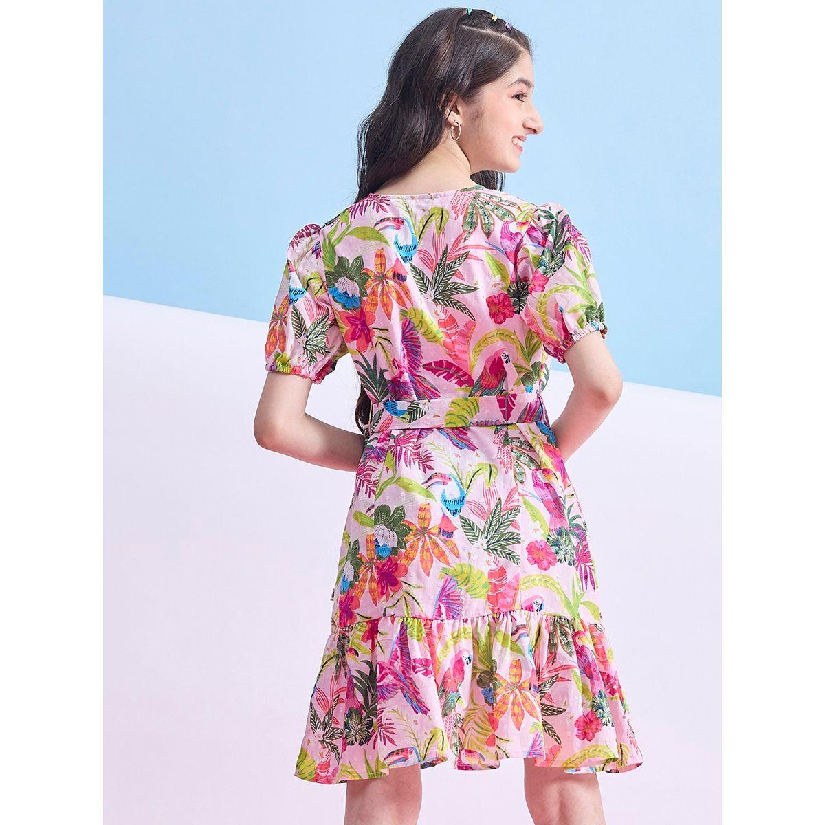 Stylo Bug X Styli Floral Print Dobby Dress with Tie Belt-girls-clothing-dressesandjumpsuits-image-4