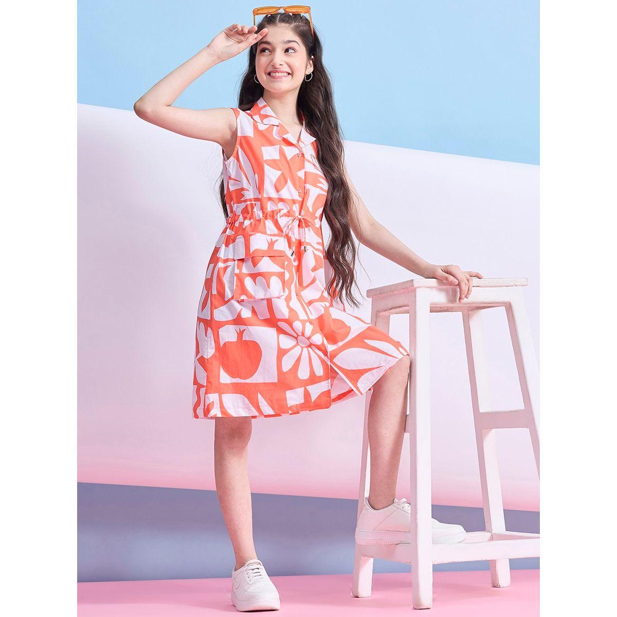 فستان بطول الركبة مع طبعة زهور وياقة بشق ستايلو بَج × ستايلي-girls-clothing-dressesandjumpsuits-image-2
