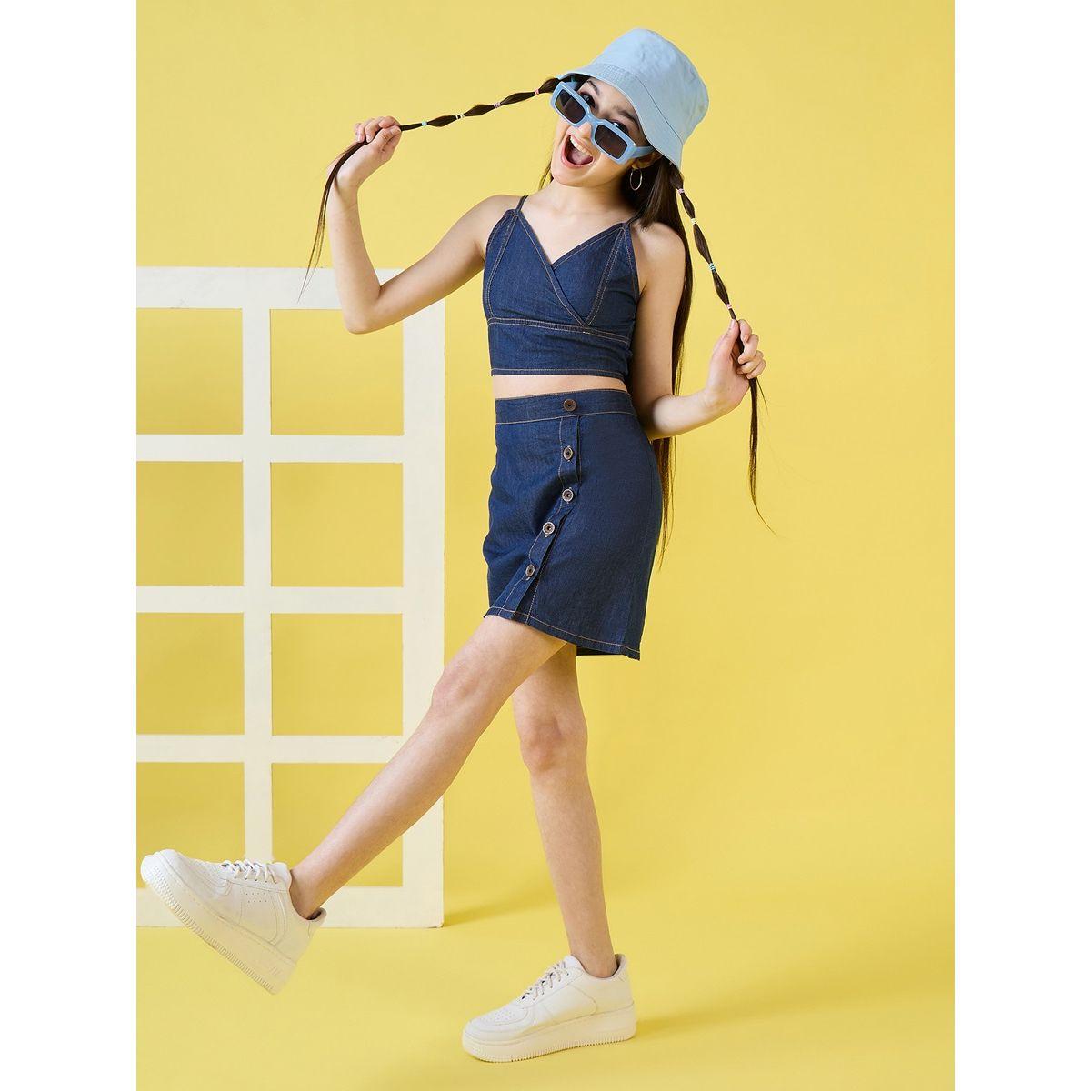 Stylo Bug X Styli Shirred Back Denim Crop Top & Shorts Set-girls-clothing-setsandcoords-image-2