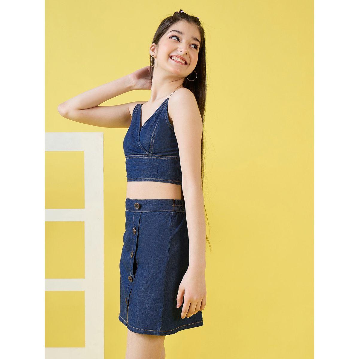 Stylo Bug X Styli Shirred Back Denim Crop Top & Shorts Set-girls-clothing-setsandcoords-image-3