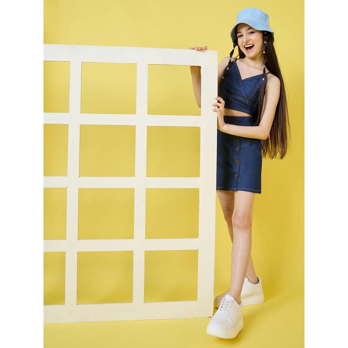 Stylo Bug X Styli Shirred Back Denim Crop Top & Shorts Set-girls-clothing-setsandcoords-image-6