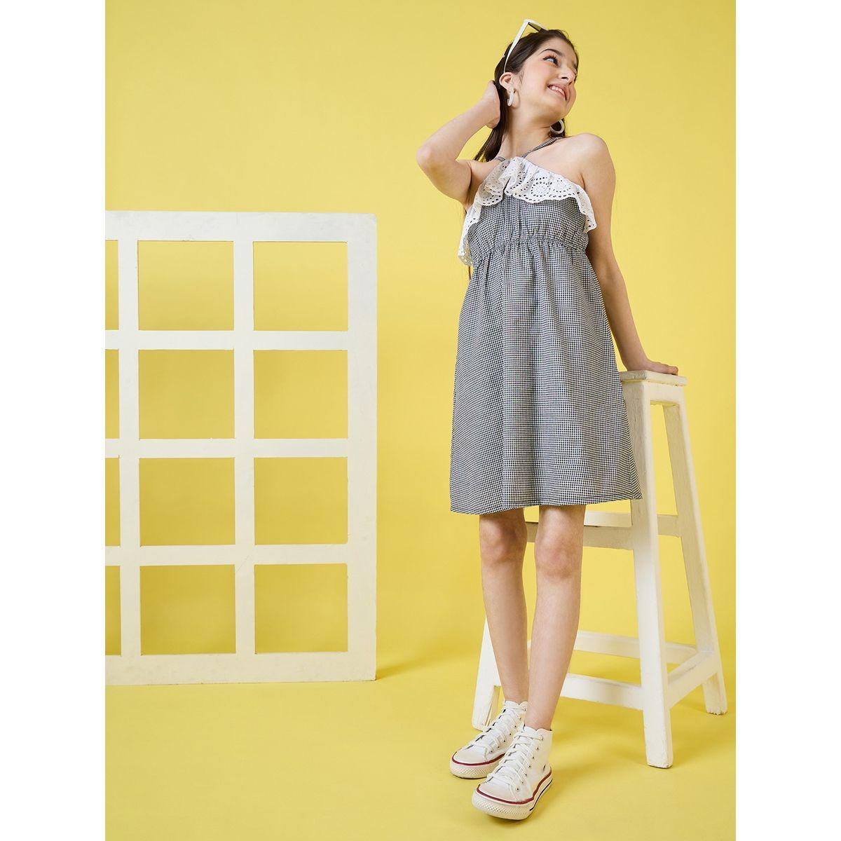 Stylo Bug X Styli Check Embroidery Halter Neck Casual Dress-girls-clothing-dressesandjumpsuits-image-6