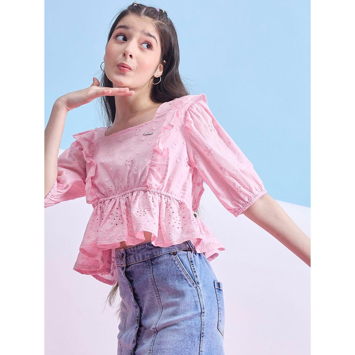 Stylo Bug X Styli Schiffli Square Neck Ruffled Peplum Top-girls-clothing-blousesandshirts-image-3
