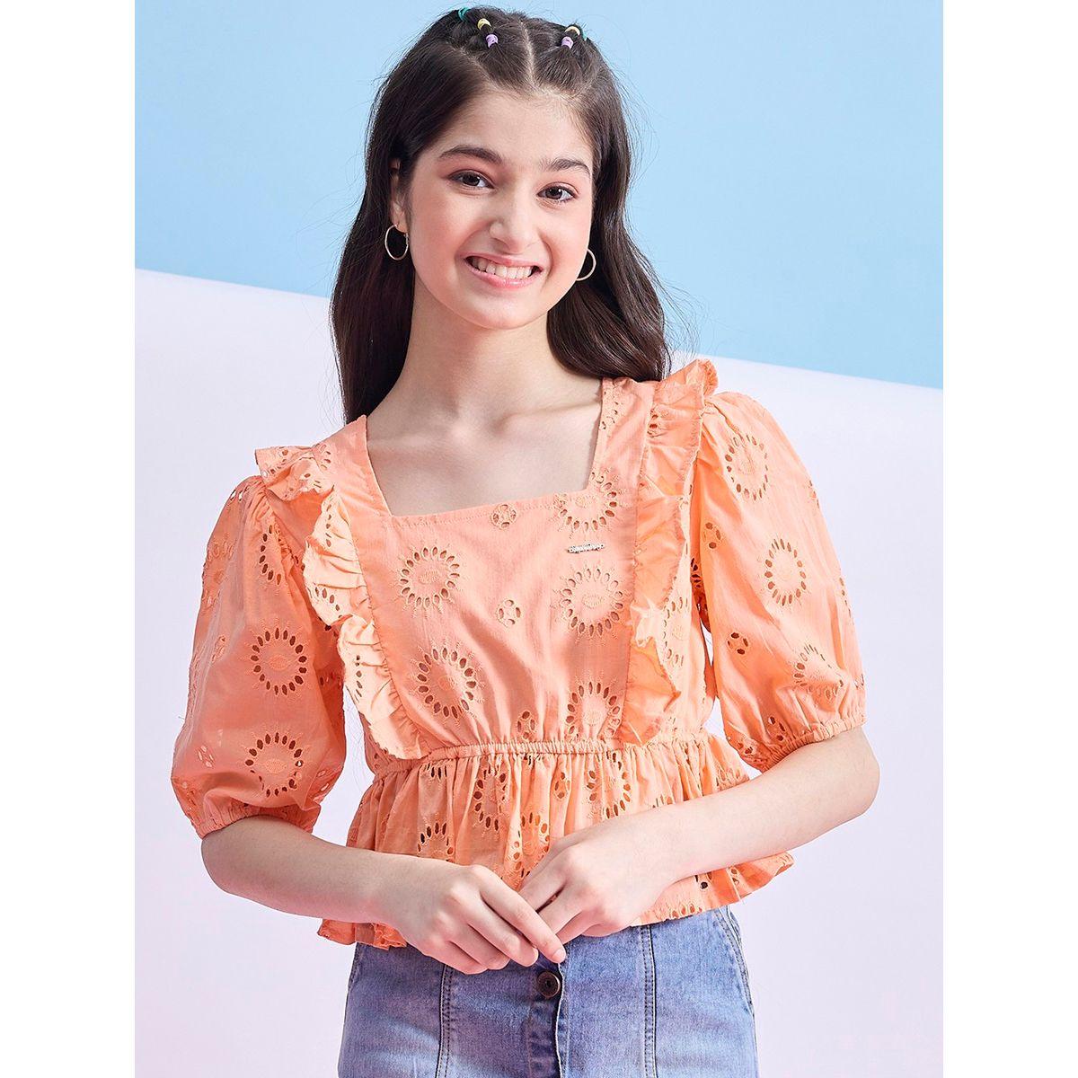 Stylo Bug X Styli Schiffli Square Neck Ruffled Peplum Top-girls-clothing-blousesandshirts-image-1