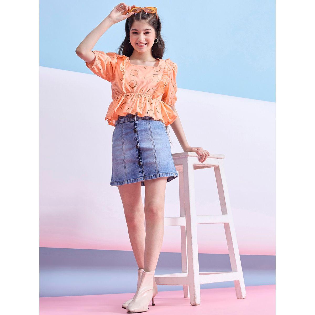 بلوزة بيبلوم بياقة مربعة وتفاصيل كشكش ستايلو بَج × ستايلي-girls-clothing-blousesandshirts-image-2
