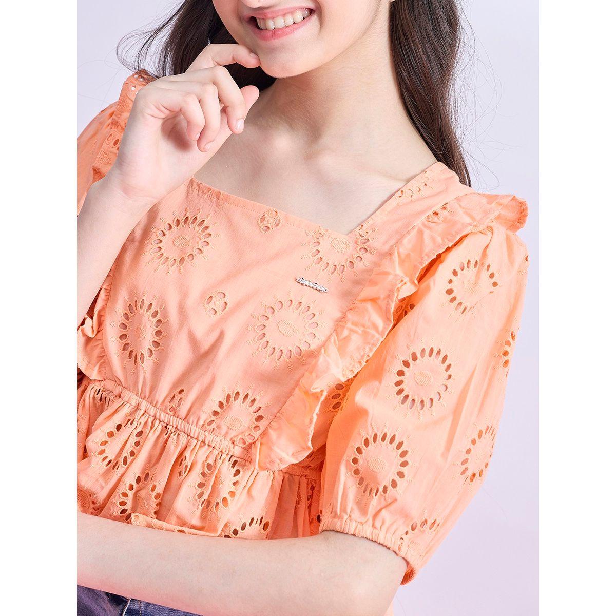 بلوزة بيبلوم بياقة مربعة وتفاصيل كشكش ستايلو بَج × ستايلي-girls-clothing-blousesandshirts-image-5