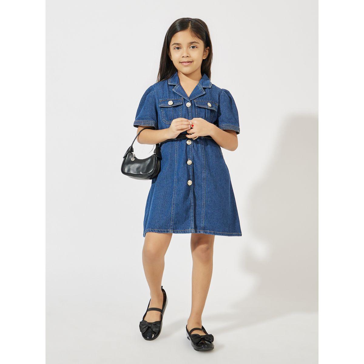 فستان دنيم سادة باكمام منفوخة مع ازرار وحزام-girls-clothing-dressesandjumpsuits-image-4