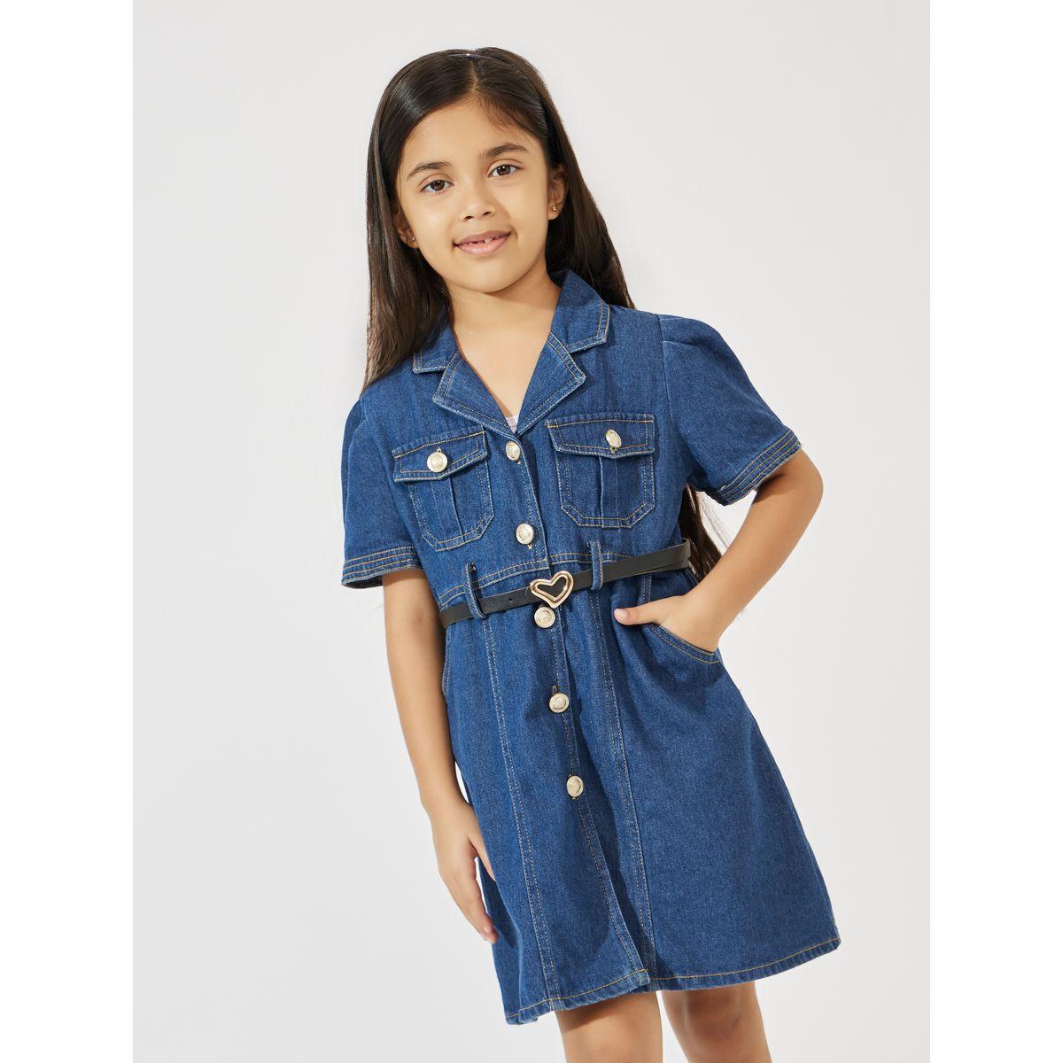 فستان دنيم سادة باكمام منفوخة مع ازرار وحزام-girls-clothing-dressesandjumpsuits-image-3