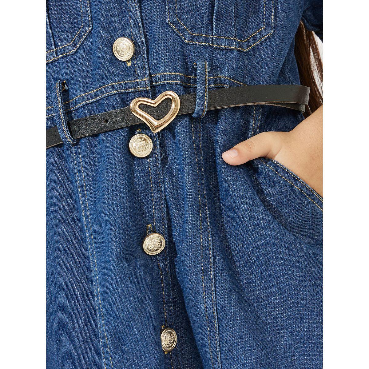 فستان دنيم سادة باكمام منفوخة مع ازرار وحزام-girls-clothing-dressesandjumpsuits-image-2