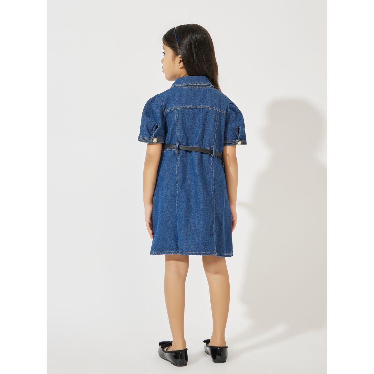 Styli Solid Button Front Puff Sleeve Denim Dress with Belt-girls-clothing-dressesandjumpsuits-image-4