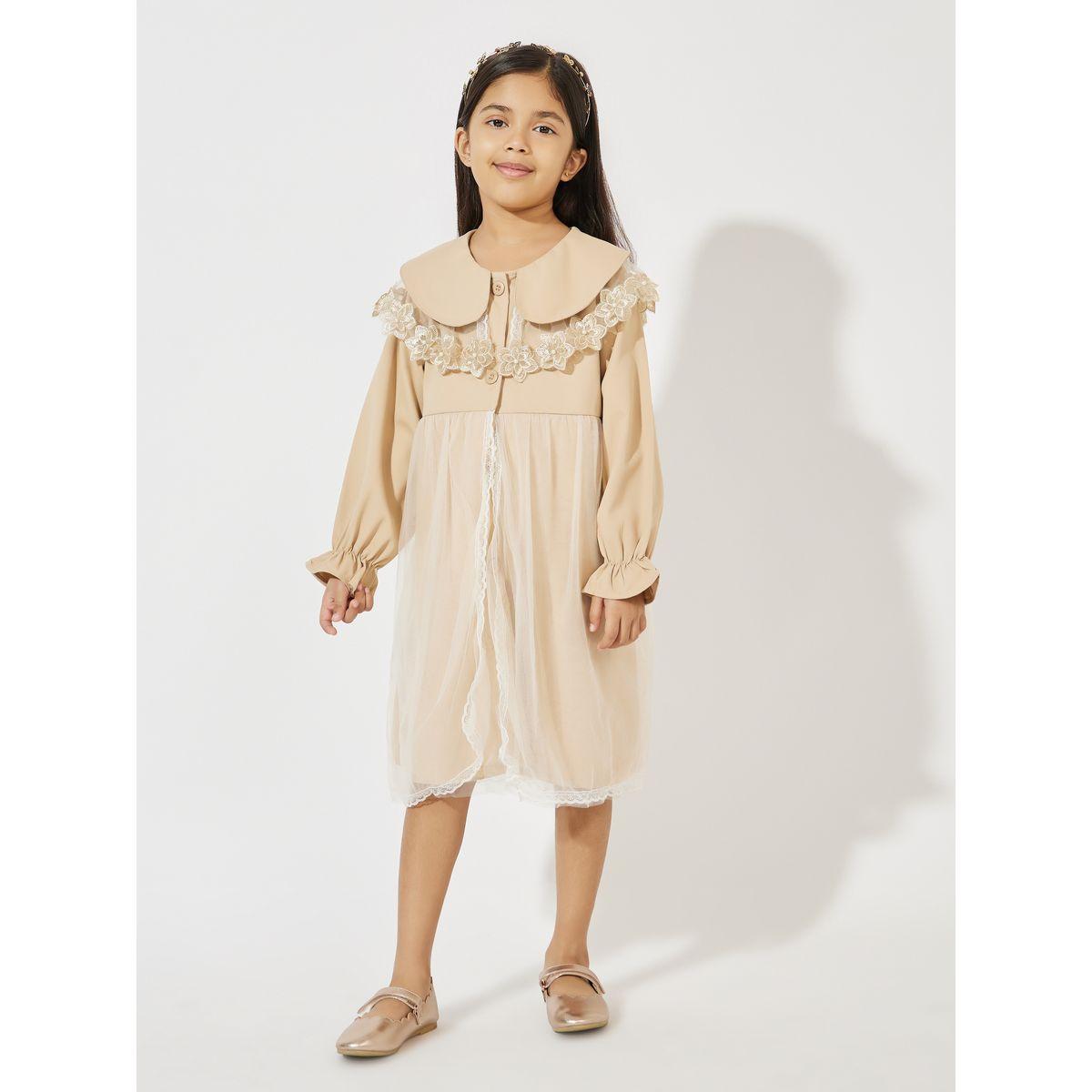 فستان بطول الركبة مع تفاصيل شبكية ودانتيل-girls-clothing-dressesandjumpsuits-image-1
